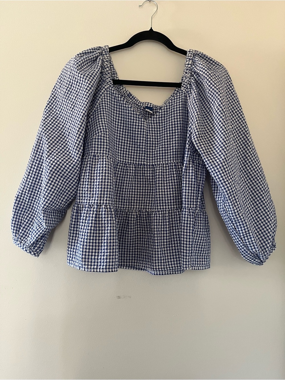 Old Navy Blue Gingham Peasant Blouse Medium Cottagecore Prairie Top Western Farm